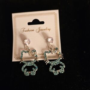 Fashion Jewelry Teal and Silver Cat Earrings